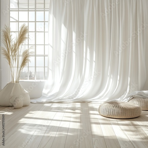 Soft natural light illuminates an elegant interior with curtains and decor