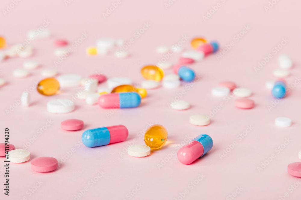 Many different colorful medication and pills perspective view. Set of many pills on colored background Many different colorful medication and pills perspective view. Set of many pills on colored background