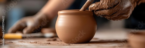 Close up shot of person shaping a clay pot on a wooden table. The pot is light brown, the person's hands are covered in mud, and the light is bright