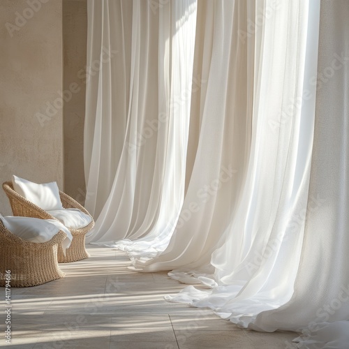 Sheer white curtains flowing gracefully near woven wicker chairs