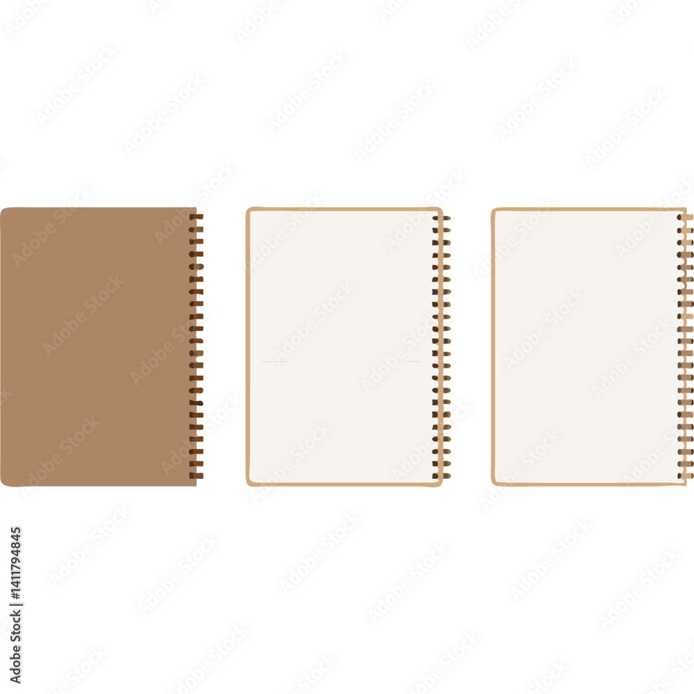 Three spiral notebooks; one closed, two open, showing blank pages. Perfect for mockup. Three spiral notebooks; one closed, two open, showing blank pages. Perfect for mockup.