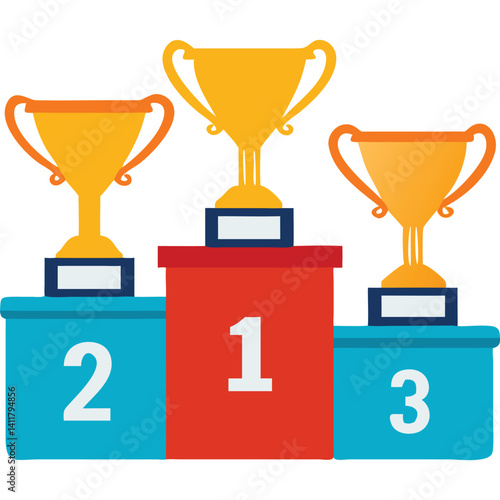 Three gold trophy cups on a winners podium, celebrating first, second, and third place.