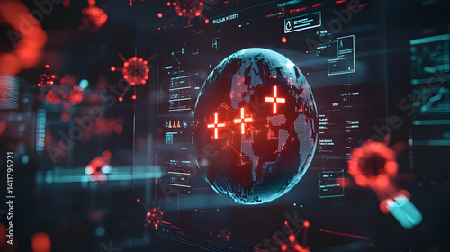 Stylized Globe with Red Medical Symbols - Global Health
