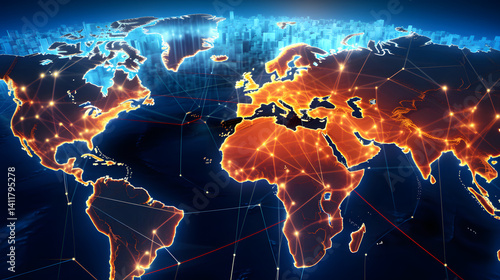 World Map with Glowing Data Points - Global Network Visualization
