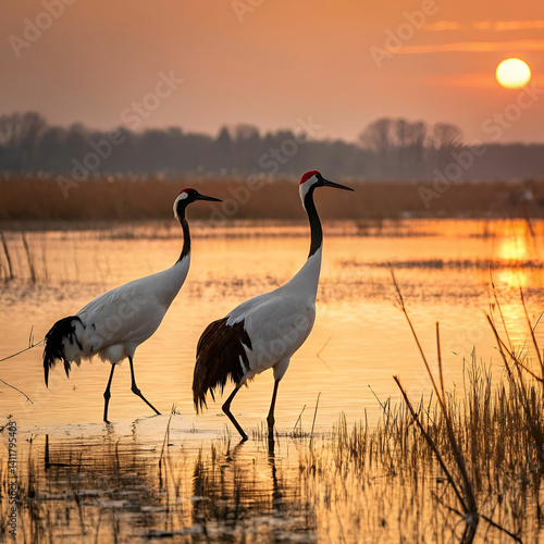 Cranes in a wetland at sunset, an ultra-realistic scene capturing the graceful birds standing in the reflective waters with a warm, golden sunset casting a serene glow over the landscape. 4o mini
