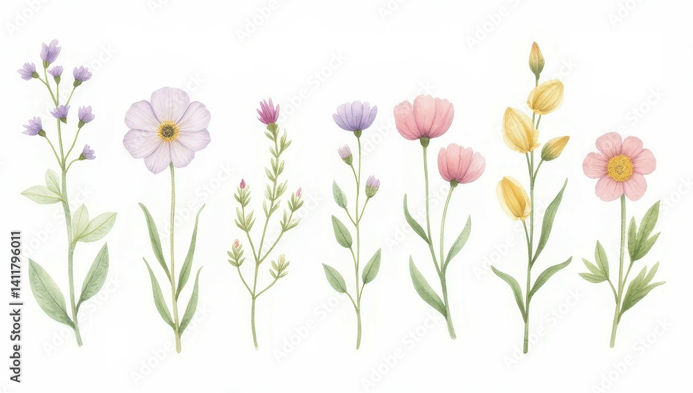 Fototapeta premium Pastel Watercolor Wildflowers Collection