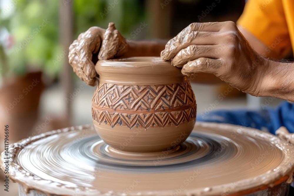 Close-up shot featuring an artisan shaping a clay pot on a spinning pottery wheel. The artist's hands, covered in clay, mold the pot, revealing intricate designs. Soft, natural light enhances the