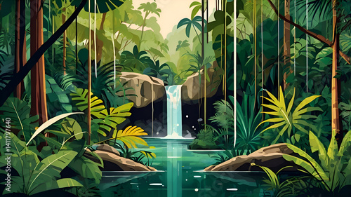 2D vector illustration of a dense jungle with tall trees, hanging vines, and a cascading waterfall in the background, bright greens and tropical plants