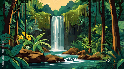 2D vector illustration of a dense jungle with tall trees, hanging vines, and a cascading waterfall in the background, bright greens and tropical plants