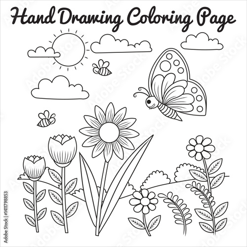 Hand Drawn Coloring Page of a Spring Garden with Flowers, Butterfly, Sun, and Bee
