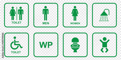 restroom icon set, square toilet signs collection, male, female and neutral gender, vector Illustration