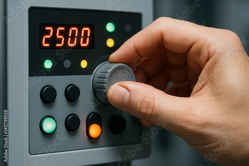Adjusting control panel with hand turning knob, displaying digital readout of 2500. panel features various buttons and lights, indicating functionality and settings
