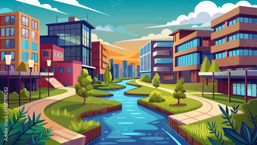 Urban creek, surrounded by modern apartment buildings