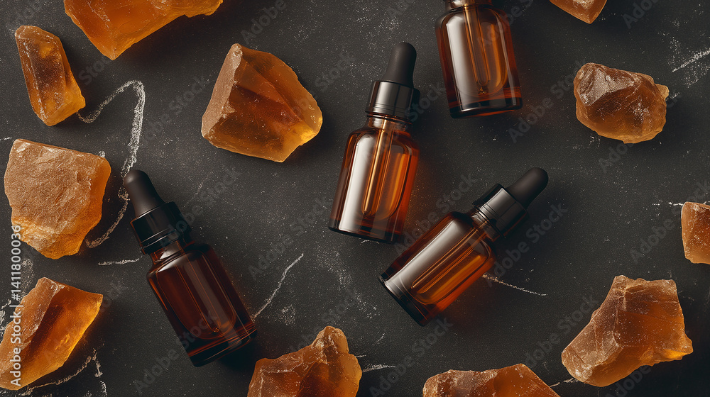 Four amber glass bottles of essential oil, top view Four amber glass bottles of essential oil, top view