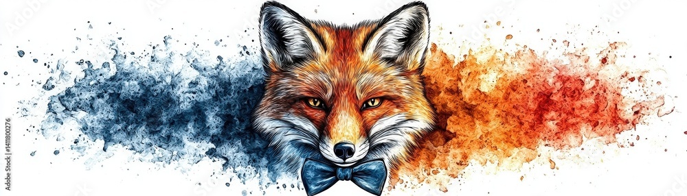 Naklejka premium Artistic Illustration of a Fox with Vibrant Colors and a Bow Tie in a Creative Style