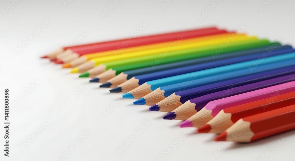 Colored Pencils in a Row Displaying Rainbow Spectrum on White Background Colored Pencils in a Row Displaying Rainbow Spectrum on White Background
