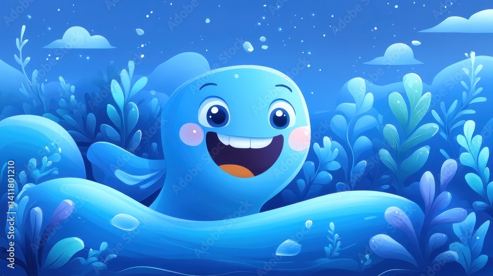 Fototapeta premium Joyful Blue Creature in a Submerged Garden
