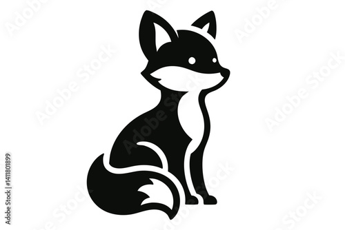 Seated Baby Fox Silhouette Black and White. Clipart image isolated on background.