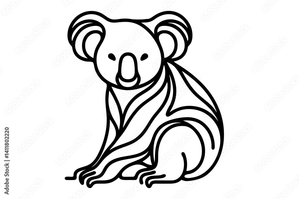 Naklejka premium Seated Koala Simple Black and White Line Art. Clipart image isolated on background.