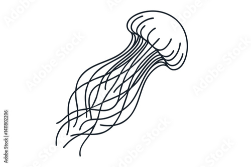 Minimalist Jellyfish Line Art with Flowing Tentacles. Clipart image isolated on background.