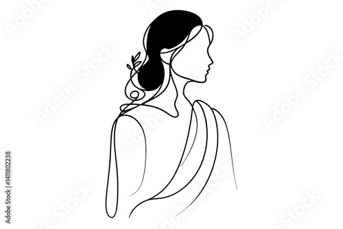 Elegant Woman Line Art with Floral Hair. Clipart image isolated on background.