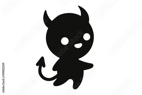 Cute Devil Silhouette Cartoon with Horns and Tail. Clipart image isolated on background.