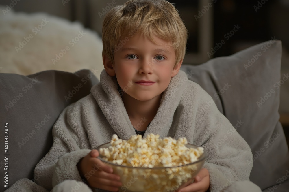 Cozy evening at home as a young boy wearing a bathrobe holds a bowl of popcorn, enjoying a relaxing movie night Cozy evening at home as a young boy wearing a bathrobe holds a bowl of popcorn, enjoying a relaxing movie night