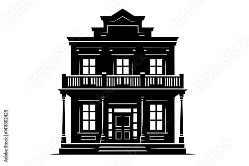 Western Saloon Silhouette with Double Balconies. Clipart image isolated on background.