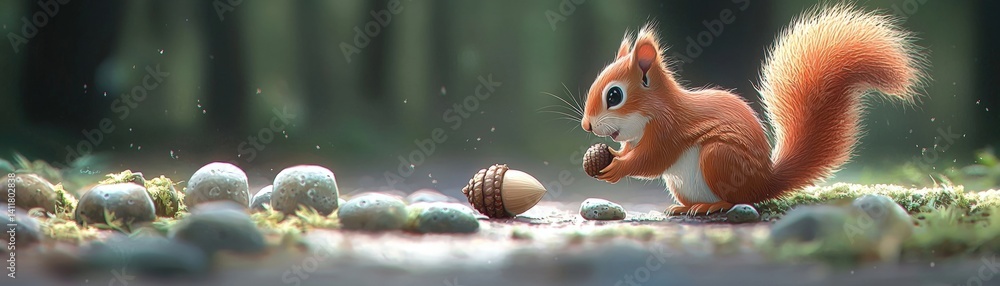 Cute Squirrel Collecting Acorns in a Forest with Soft Light and Natural Elements Cute Squirrel Collecting Acorns in a Forest with Soft Light and Natural Elements