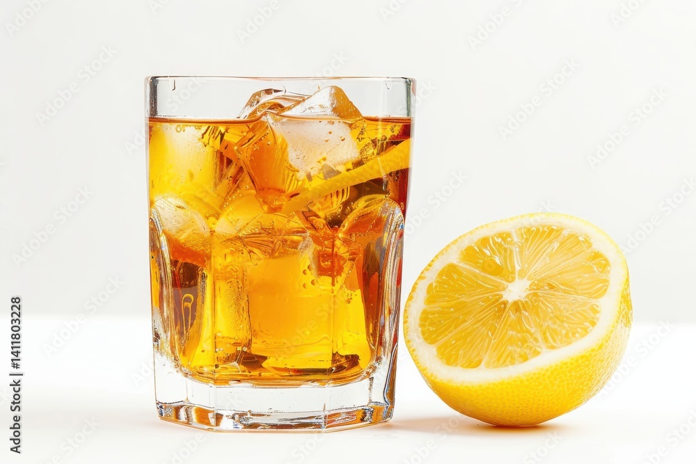 Refreshing citrus beverage served in a clear glass filled with ice and accompanied by a vibrant lemon half on a plain background isolated on transparent background Refreshing citrus beverage served in a clear glass filled with ice and accompanied by a vibrant lemon half on a plain background isolated on transparent background