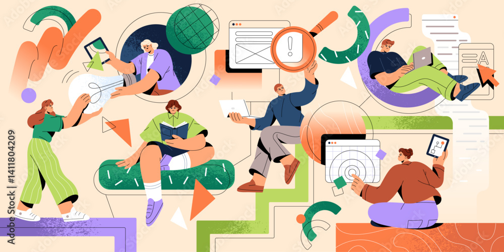 Coworking concept. Employees' team works in collaboration, cooperation. Office workers do business, development in partnership. Teamwork processes, workflow organization. Flat vector illustration