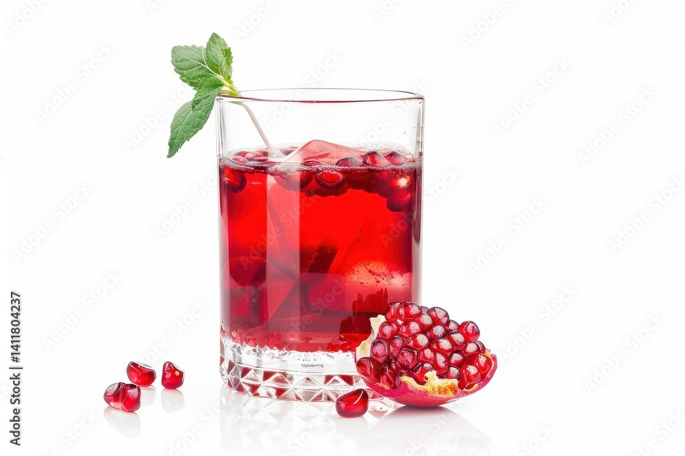 Refreshing pomegranate drink served in a crystal glass with mint garnish and scattered seeds on a bright white background isolated on transparent background Refreshing pomegranate drink served in a crystal glass with mint garnish and scattered seeds on a bright white background isolated on transparent background