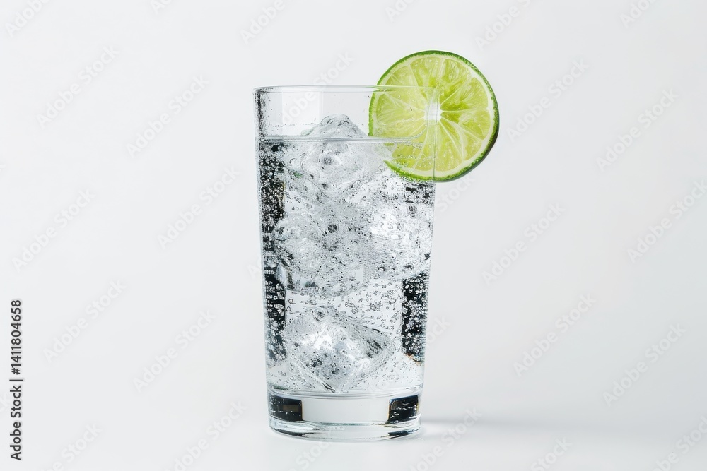 Refreshing glass of sparkling water with ice and lime garnish on a clean white background capturing a summer vibe isolated on transparent background Refreshing glass of sparkling water with ice and lime garnish on a clean white background capturing a summer vibe isolated on transparent background