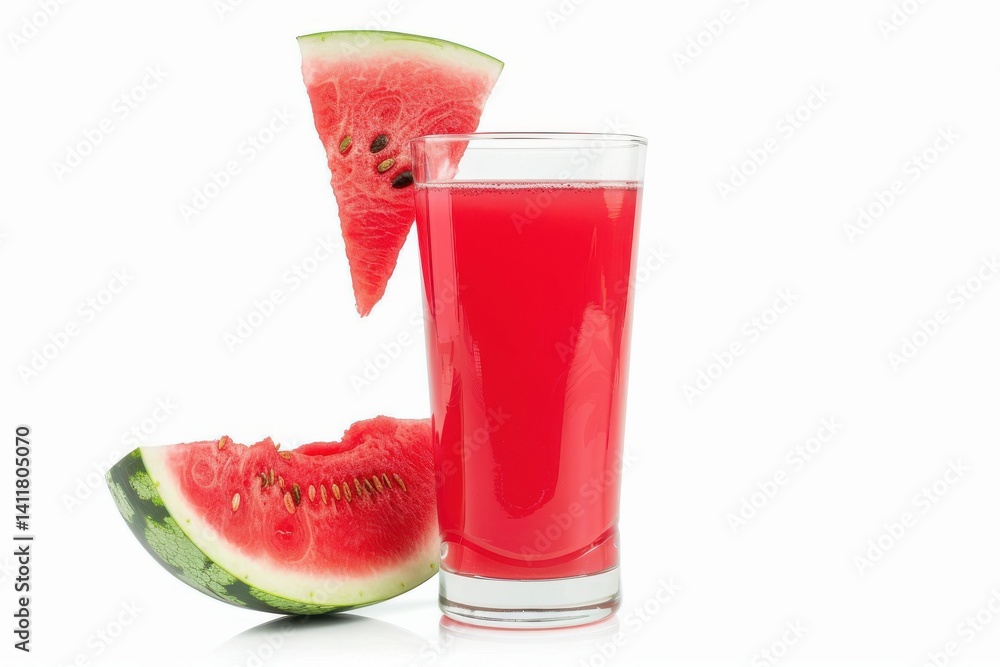 Refreshing watermelon juice served in a tall glass with vibrant pink color alongside fresh watermelon slices on a bright backdrop isolated on transparent background Refreshing watermelon juice served in a tall glass with vibrant pink color alongside fresh watermelon slices on a bright backdrop isolated on transparent background