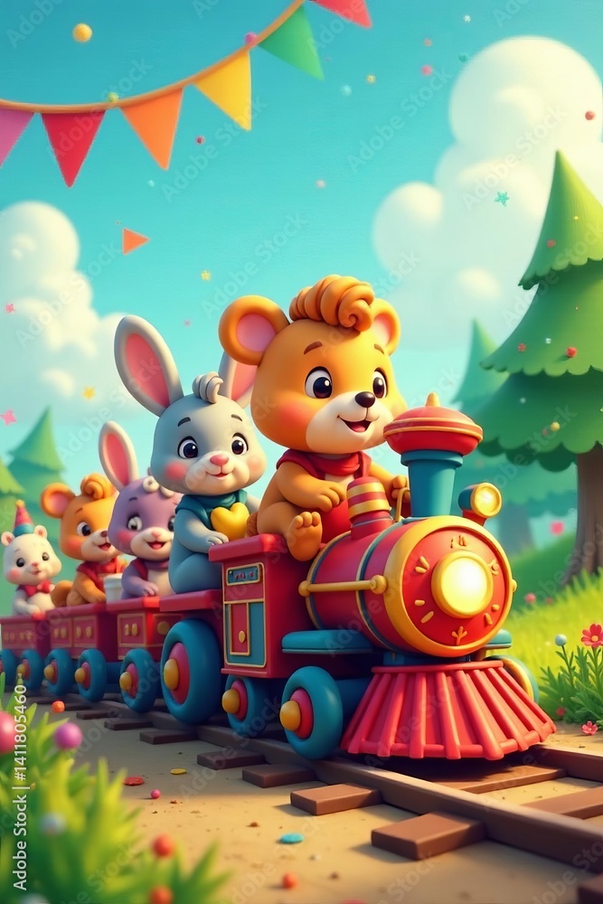 Fototapeta premium Cute cartoon animals riding a birthday train with festive decorations, animals, cartoon