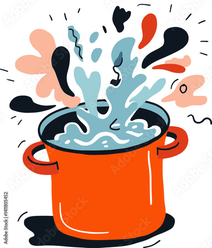 Colorful pot overflowing with splashing water cartoon isolated on transparent background. Vector illustration.