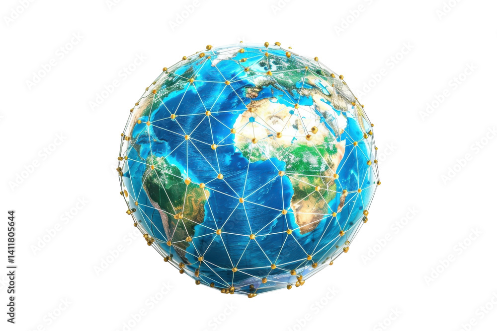 A vibrant globe interconnected with a network of golden nodes, symbolizing global connectivity and unity in a modern digital age isolated on transparent background A vibrant globe interconnected with a network of golden nodes, symbolizing global connectivity and unity in a modern digital age isolated on transparent background