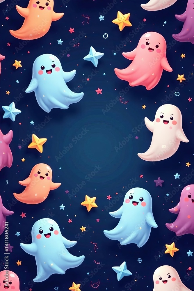 Obraz premium Cute ghosts floating in a colorful repeat design, background, ghosts