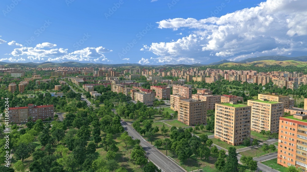 Obraz premium Aerial View of a Modern Cityscape with Lush Greenery and Mountain Background