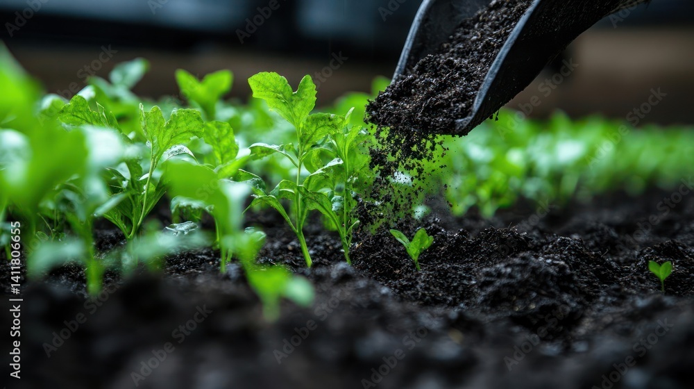 Close-up shot of a gloved hand sprinkling dark soil or fertilizer onto young green plants in a garden bed. The focus is on nurturing and plant care, with a blurred background emphasizing the depth of
