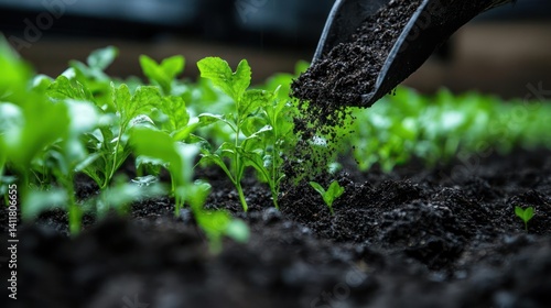 Obraz na płótnie Close-up shot of a gloved hand sprinkling dark soil or fertilizer onto young green plants in a garden bed. The focus is on nurturing and plant care, with a blurred background emphasizing the depth of w salonie