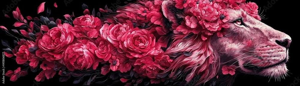 Majestic Lion Surrounded by Vibrant Pink Roses in a Striking Floral Concept Design Majestic Lion Surrounded by Vibrant Pink Roses in a Striking Floral Concept Design