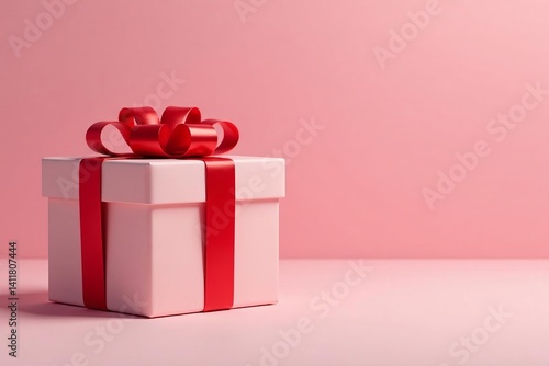 Dainty present box adorned with red ribbon and bow on clean backdrop, Ribbon, Present