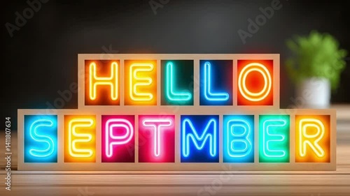 Hello September Neon Blocks, Bright and colorful neon typography spelling “Hello September” arranged in modern wooden blocks on a desk, symbolizing the vibrant start of the school season.