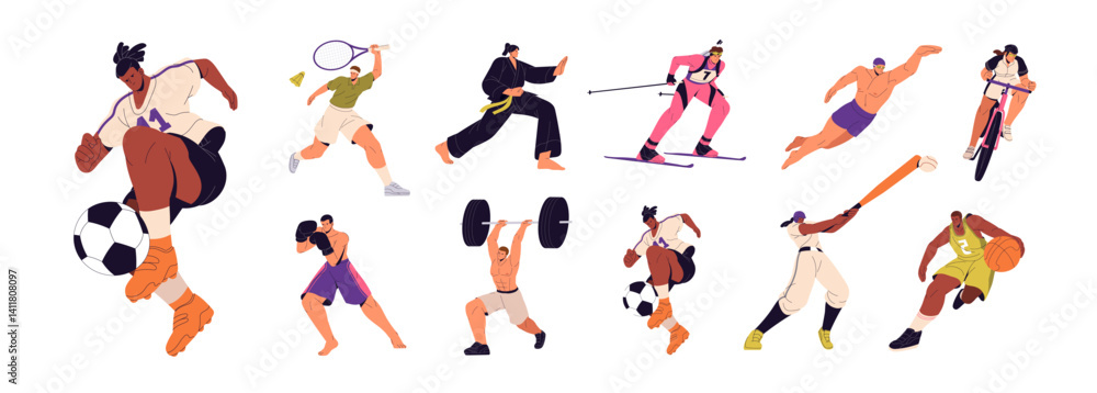 Obraz premium Set of various athletes. Sportsmen and sportswomen of different kinds of sports. Football, basketball, baseball, badminton, soccer players. Flat isolated vector illustrations on white background