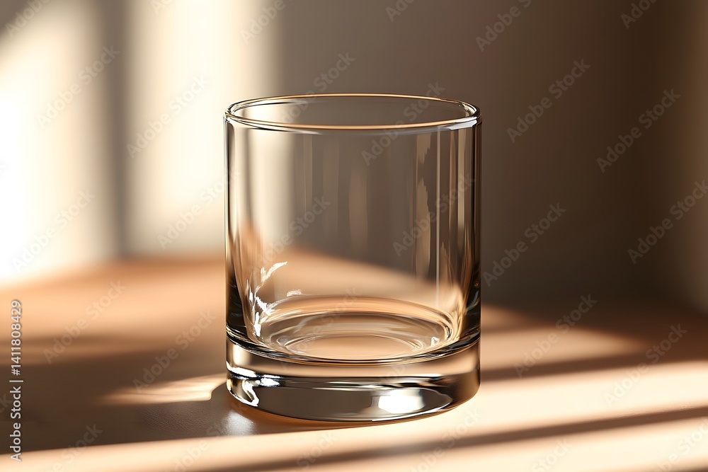 Glass is sitting on a table with a light shining on it. The glass is empty and the light is casting a shadow on the table Glass is sitting on a table with a light shining on it. The glass is empty and the light is casting a shadow on the table