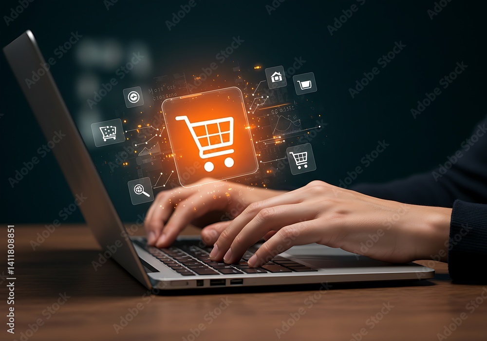 Obraz premium Online shopping is visually conveyed through hands interacting with a laptop and a glowing shopping cart icon with digital e-commerce symbols