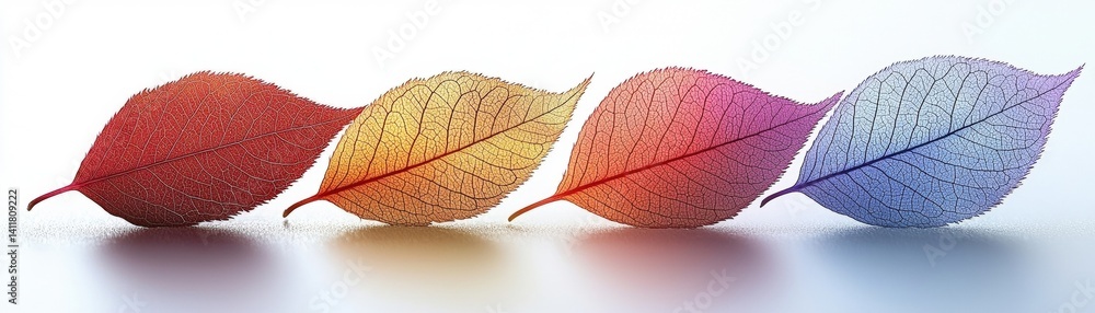 Obraz premium Colorful Gradient Leaves Displaying Vibrant Hues from Red to Purple on a Soft Background Surface