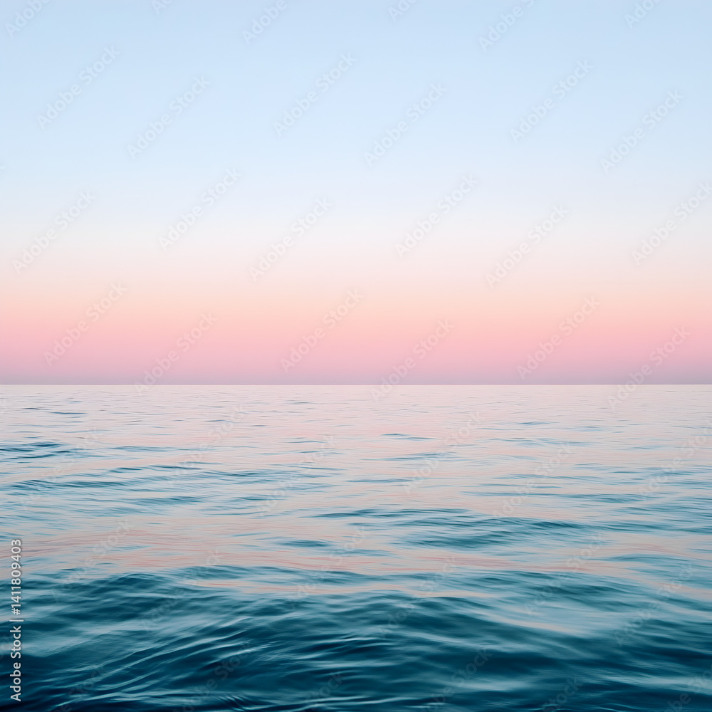 Obraz premium Seascape Sunset: A tranquil sea under a pastel sky, the horizon dividing the soft gradients of the dusk sky and reflecting on the water, evokes serenity and peace.