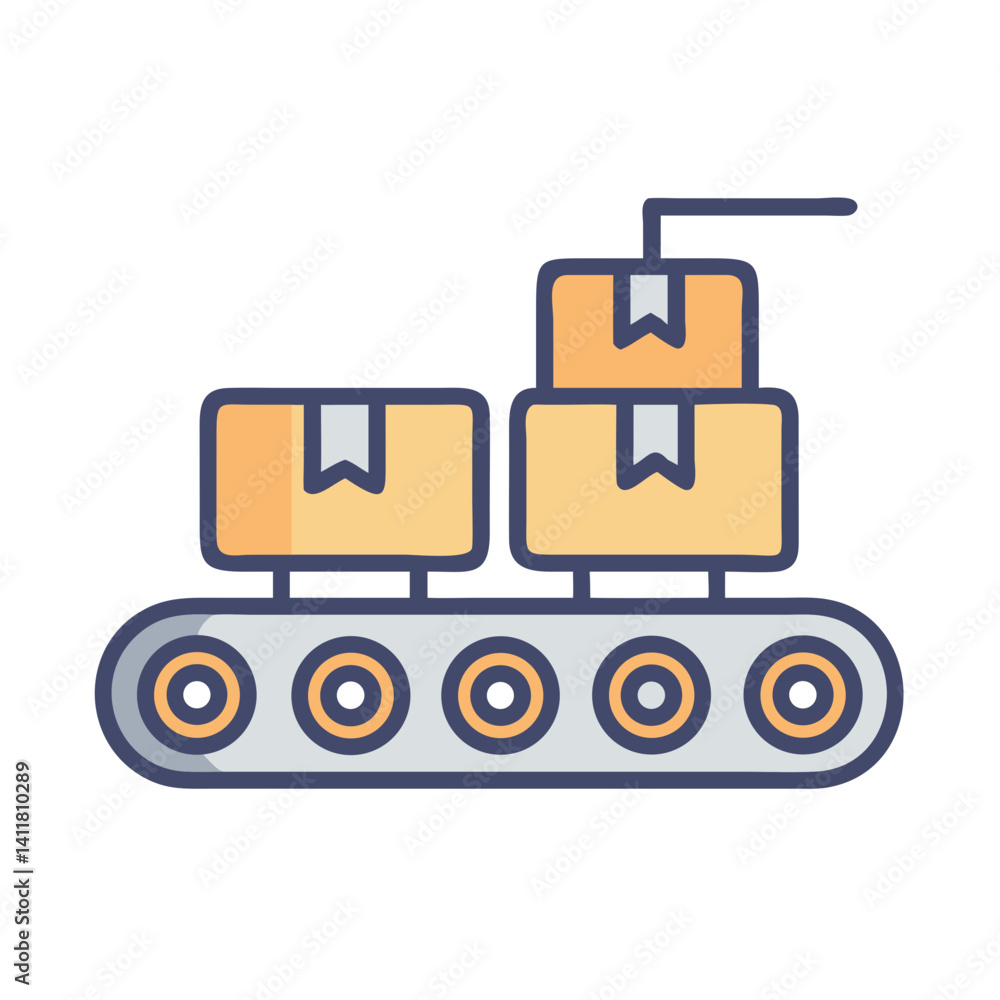 Naklejka premium Conveyor Belt with Boxes Icon Representing Packaging and Warehouse Operations